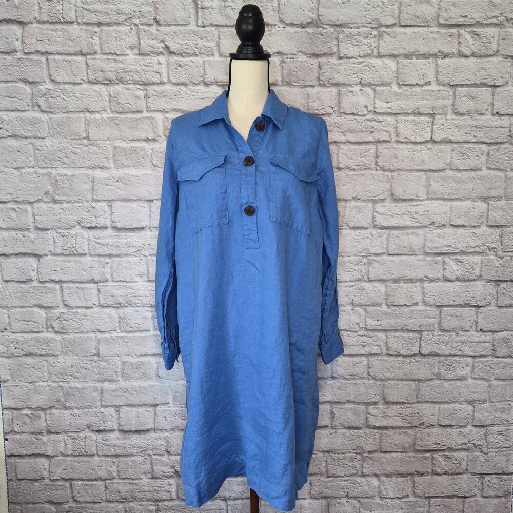 J Jill Blue Linen Popover Shirtdress Midi Shift Utility Pocket Long Sleeve Sz S - Picture 2 of 11